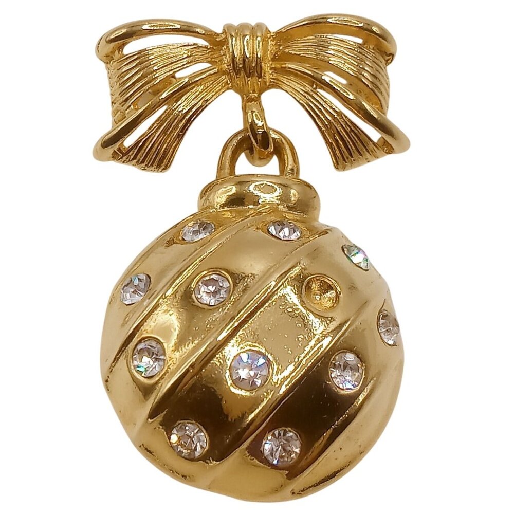 Christmas Brooch Bow & Ornament Gold Tone Metal Rhinestone Dangle Lapel Pin